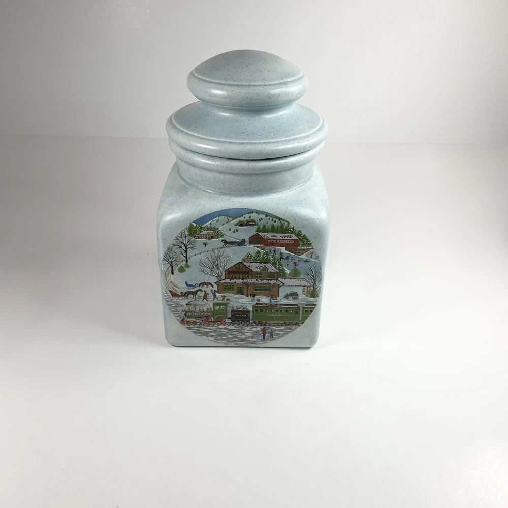 Vintage Ceramic Pale Blue Spackle Lidded Cookie Jar  Winter Small Town Picture